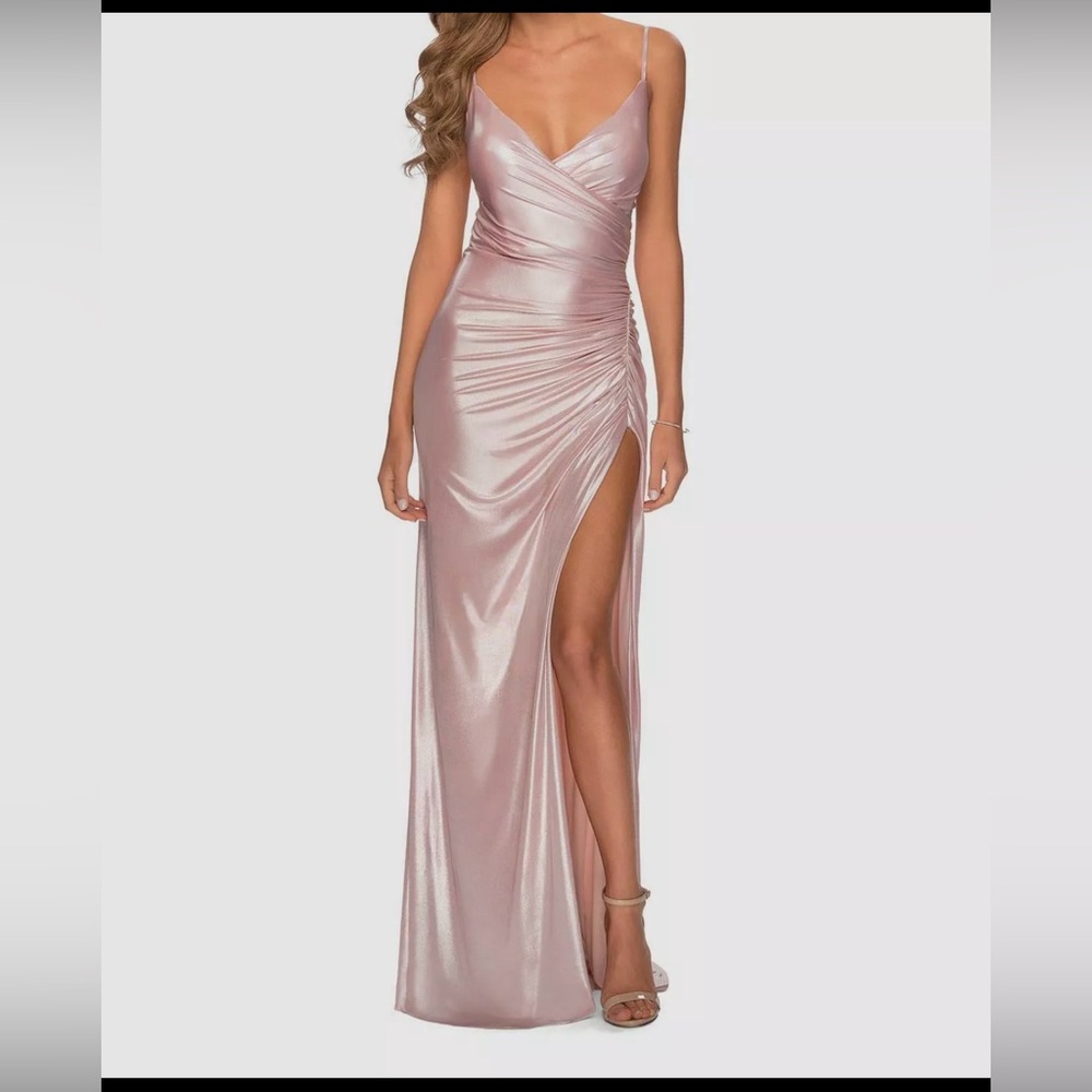 $430 La Femme Women's Pink Lace-Up Back Metallic Jersey Dress Gown Size 4